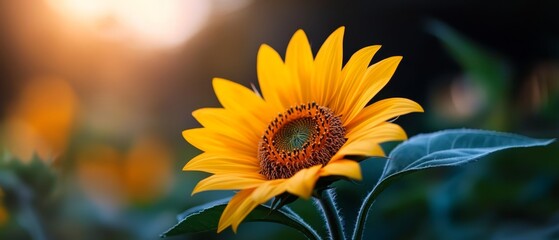  A yellow sunflower with green leaves in the foreground and a bright light behind it