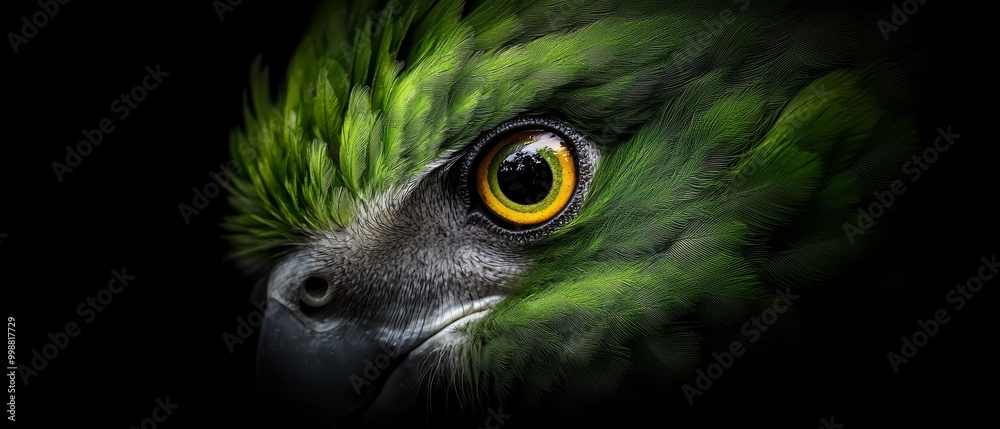 Poster  A tight shot of a green parrot's face reveals its yellow, piercing eyes