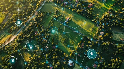 Aerial view of land featuring network markers that indicate land development planning and connectivity, highlighting potential growth areas.