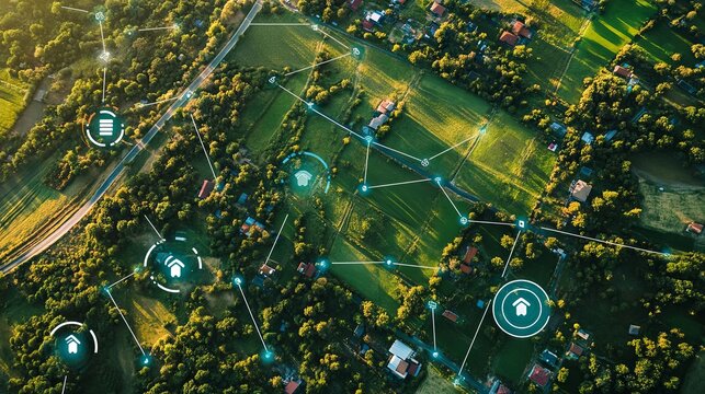 Aerial view of land featuring network markers that indicate land development planning and connectivity, highlighting potential growth areas.