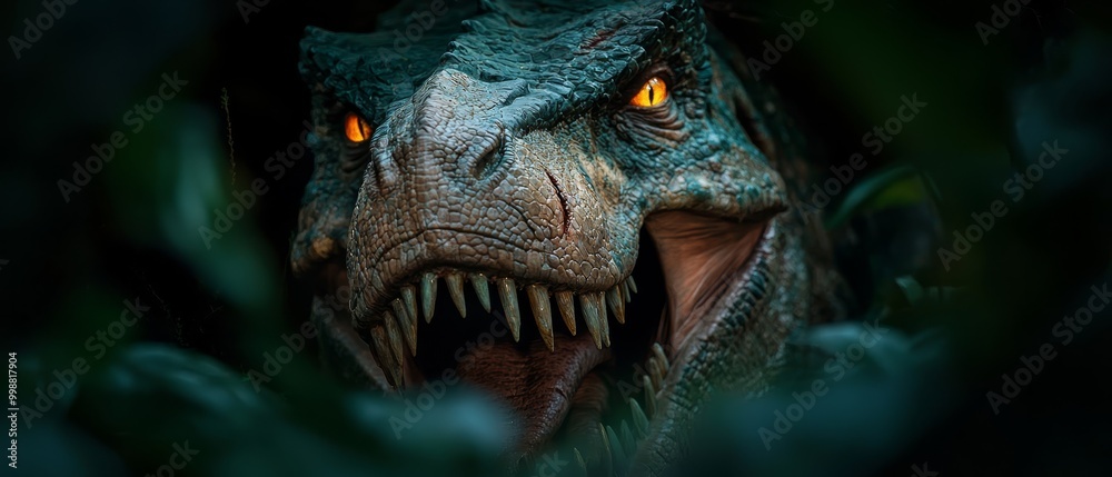 Poster  A tight shot of a dinosaur's head, mouth agape, revealing orange glowing eyes in the darkness