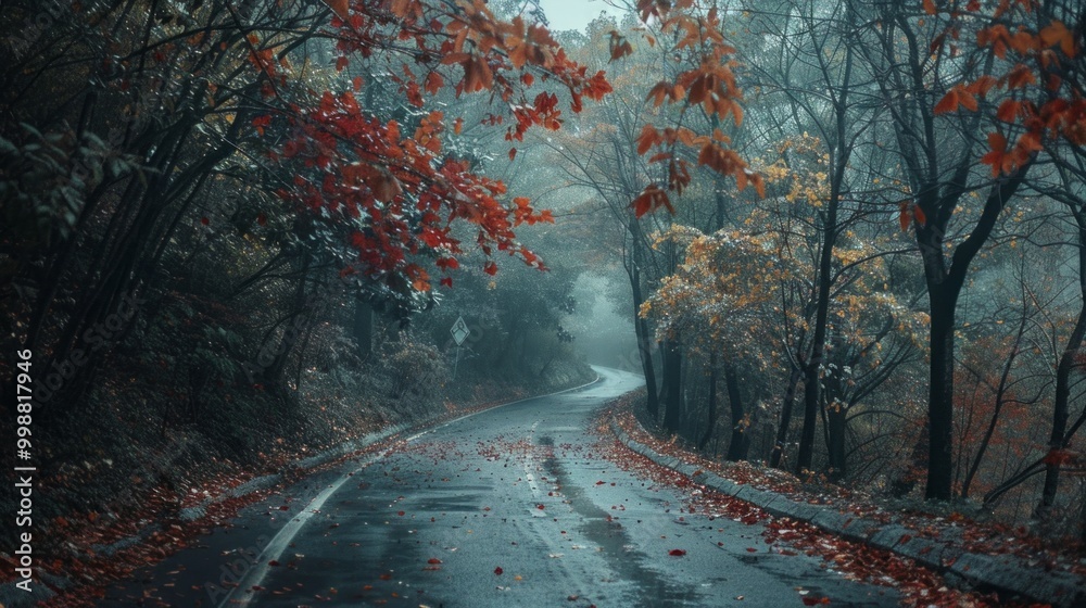 Poster a road with trees on both sides and leaves on the ground