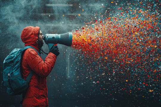 A public relations manager trying to control a firehose of social media notifications, with messages flying by faster than they can respond.
