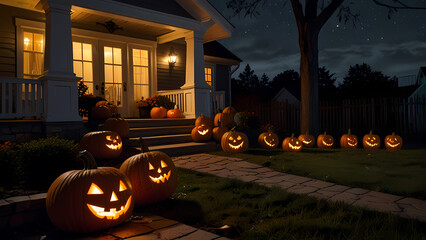 Halloween pumpkins placed in front of a house at night