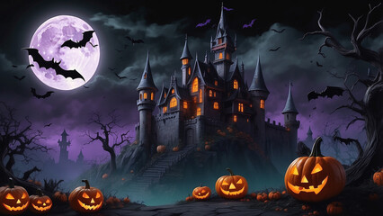A Halloween night scene with pumpkins and a house with a full moon behind it.