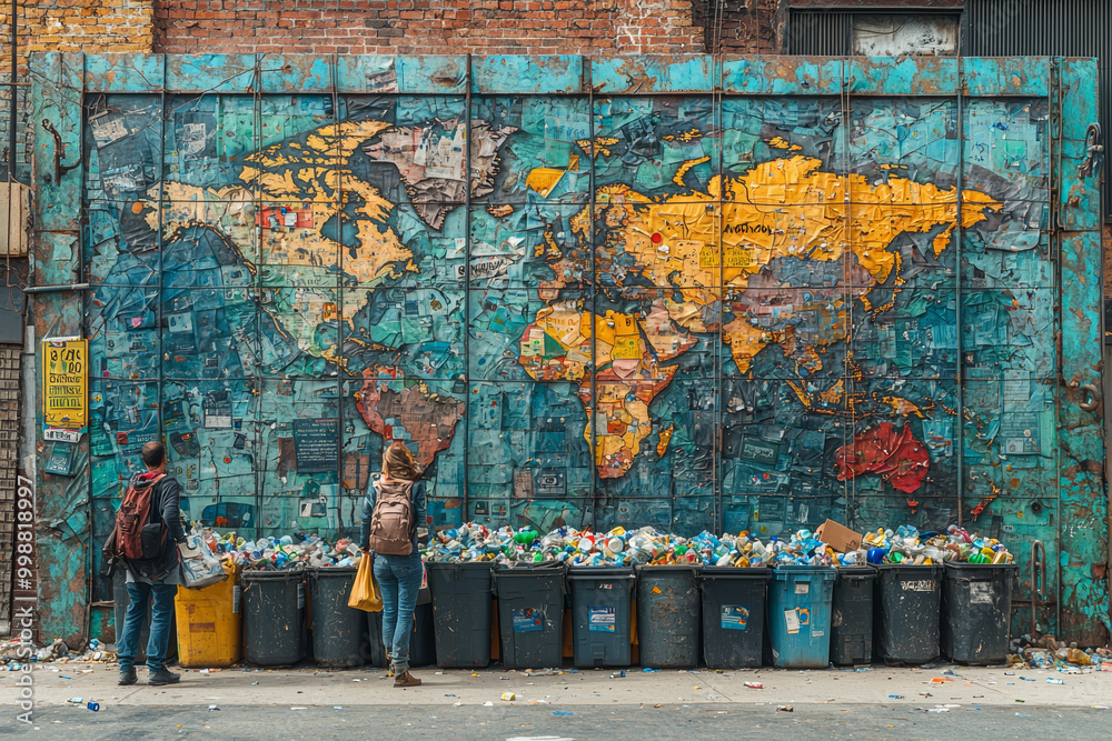 Sticker A neighborhood recycling drive with people sorting waste, while a world map is painted on a wall behind them, symbolizing global sustainability through local efforts.