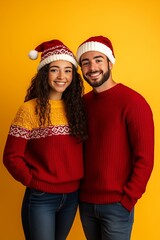 Fototapeta premium Cheerful couple wears holiday sweaters and Santa hats against a vibrant yellow backdrop