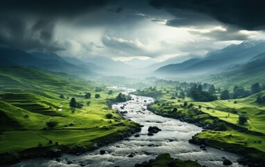 A vibrant river winds through lush green valleys under captivating stormy skies at dusk