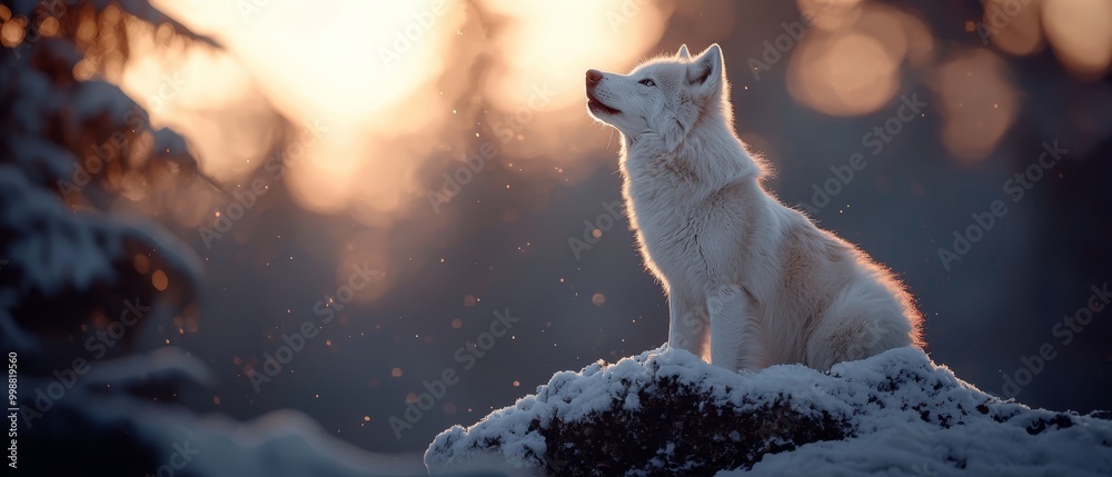 Sticker  A white dog sits atop a large snow mound, adjacent to a forest teeming with numerous snow-covered trees