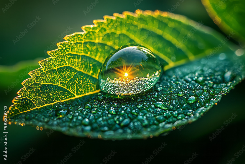 Poster macro shot of a dewdrop on a leaf reflecting the surrounding landscape,