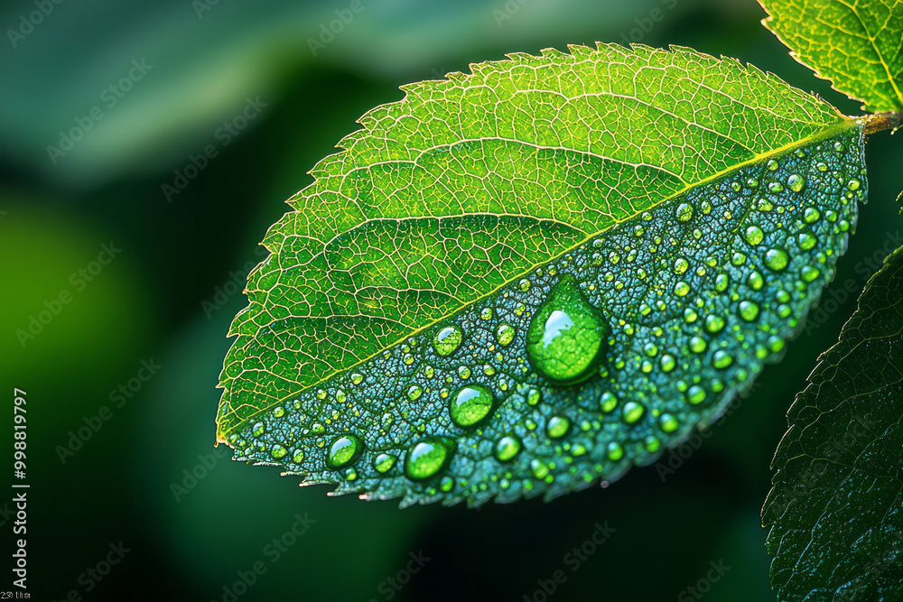 Poster macro shot of a dewdrop on a leaf reflecting the surrounding landscape,