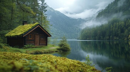 Fototapeta premium A cozy, rustic cabin with green moss on the roof staying in the mountains, surrounded lake, cozy atmosphere, close up