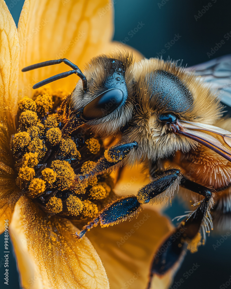 Poster a detailed macro photograph of a honeybee collecting pollen from a flower,