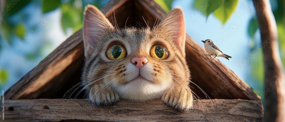 Poster  A tight shot of a cat wearing a perched bird on its head, accompanied by a tree branch in the backdrop