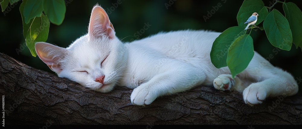 Wall mural a white cat naps on a tree branch, nearby, a small bird perches