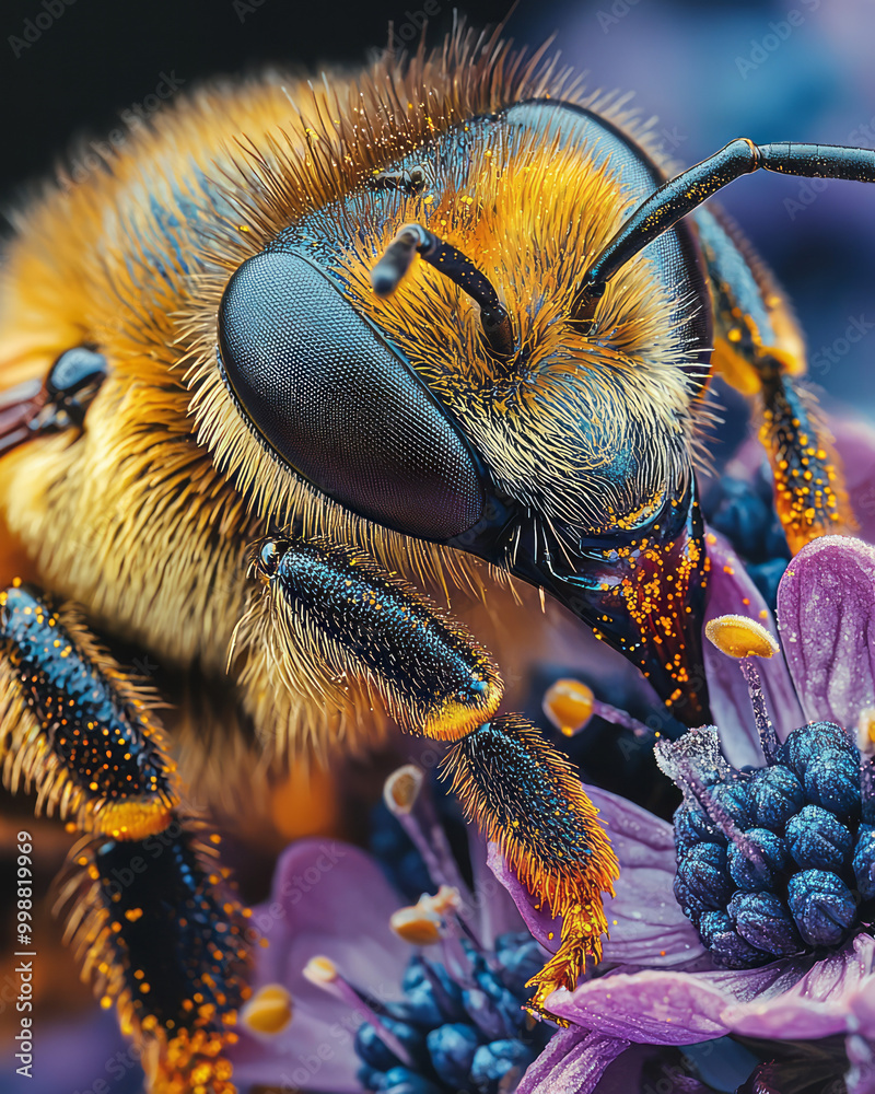 Poster a detailed macro photograph of a honeybee collecting pollen from a flower,