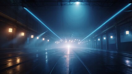 Rays, spotlights light. Empty dark scene with blue light. Asphalt blue dark street with smoke. and neon lights on background