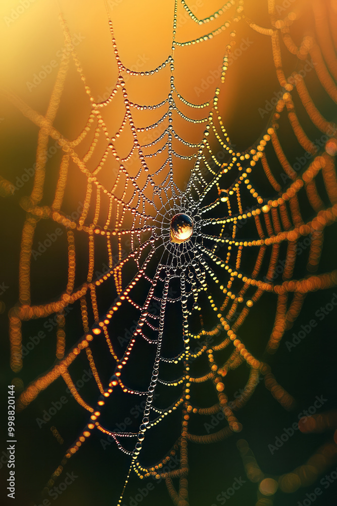 Poster close-up of a spiderâ€™s web with dewdrops,