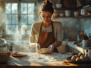 This image depicts a young woman kneading dough in a warmly lit kitchen. She is wearing an apron and standing in front of a wooden countertop dusted with flour.