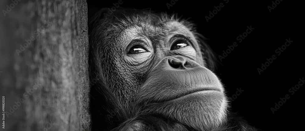 Sticker  A black-and-white image of an orangutan peering from a hole in a tree's side