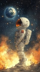 Fototapeta premium An astronaut standing on the moon surface, gazing at Earth in the distance,