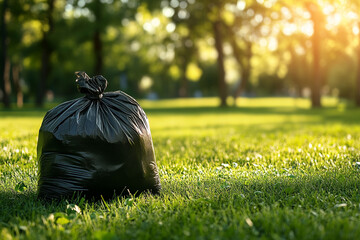 Black garbage bag on green grass in park