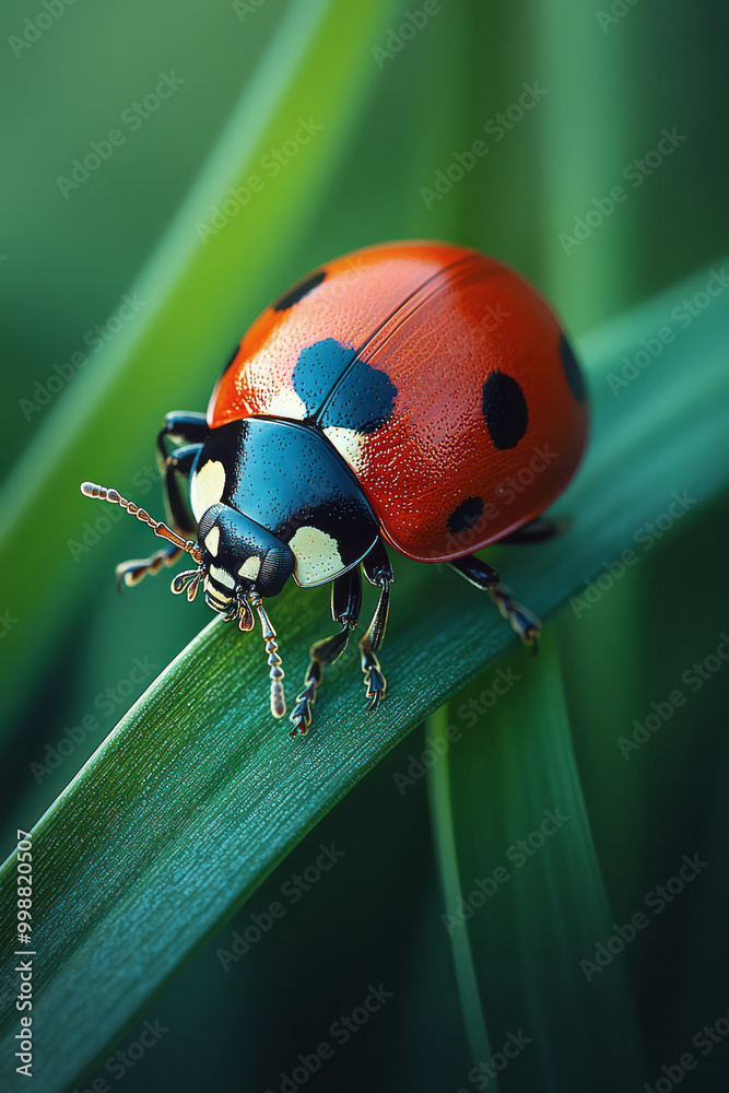 Poster macro view of a ladybug crawling on a blade of grass,