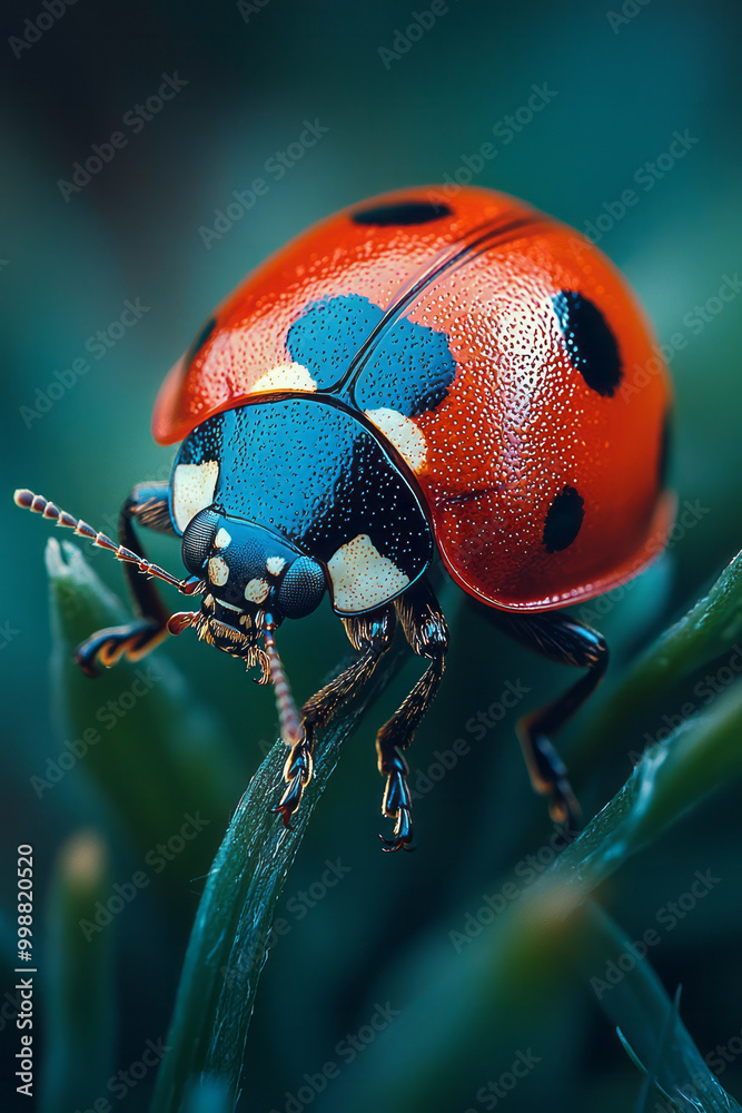 Poster macro view of a ladybug crawling on a blade of grass,