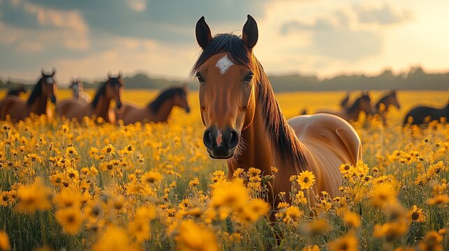Close-up of a horse in a flock, looking at the camera, with other horses in the background, soft background, peaceful field with wild flowers landscape