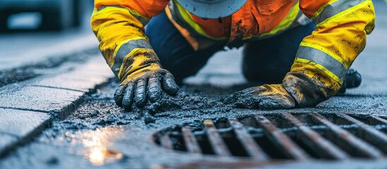 Construction worker fixing a drainage grate