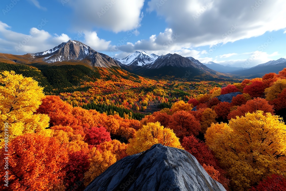 Poster digital 3d rendering of an autumn mountain landscape, where users can explore a fully interactive vi