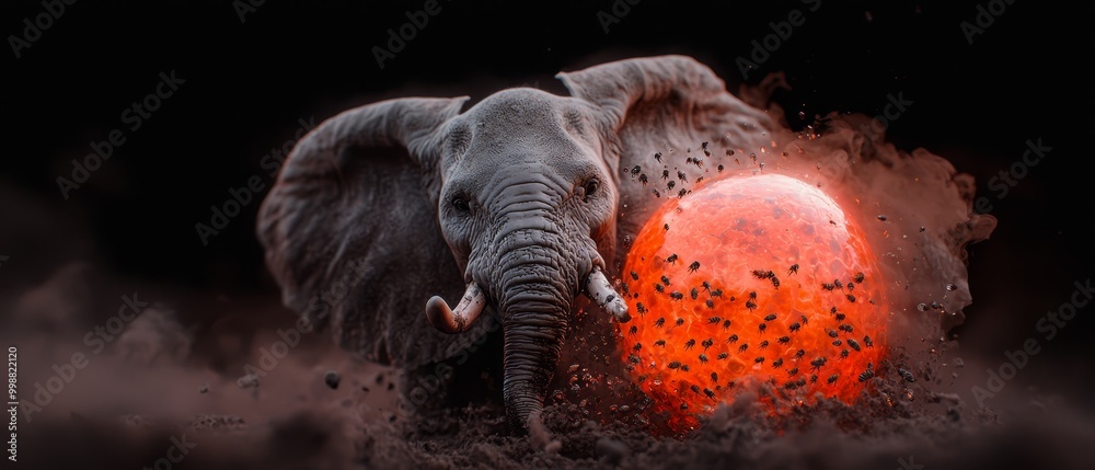 Poster  An elephant holding an orange ball against a black backdrop, surrounded by dust and dirt The elephant's tusks protrude from its mouth