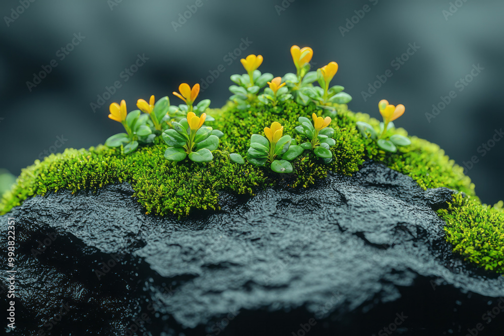 Poster close-up of a mossy rock with tiny plants and textures magnified in macro,