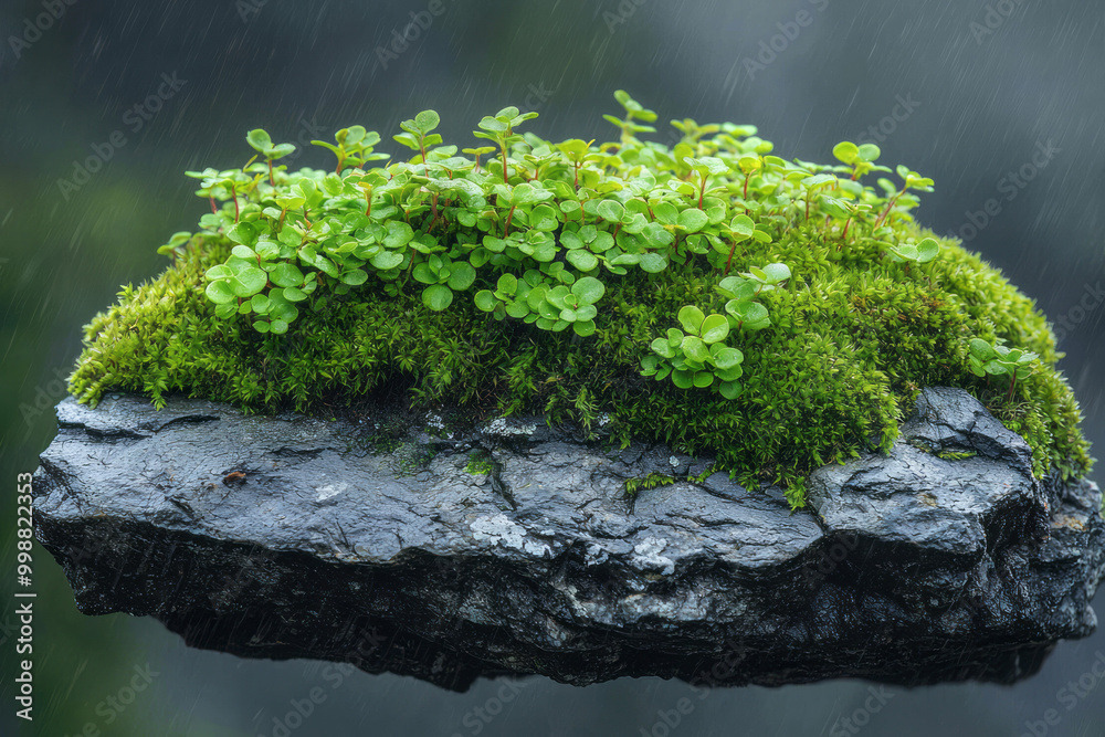Poster close-up of a mossy rock with tiny plants and textures magnified in macro,
