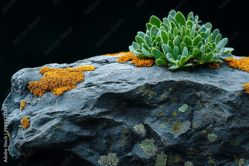 Poster close-up of a mossy rock with tiny plants and textures magnified in macro,
