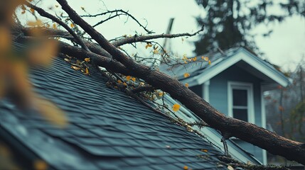 A fallen tree resting on a house roof, symbolizing the aftermath of a natural disaster and emphasizing the importance of disaster recovery and emergency response.