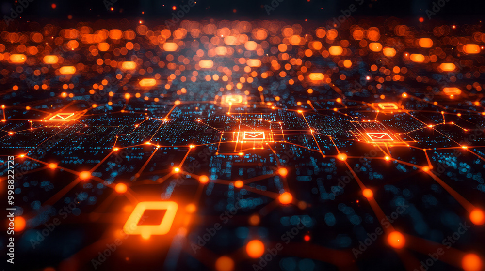 Fototapete a network map with glowing security icons, showing how data moves securely through