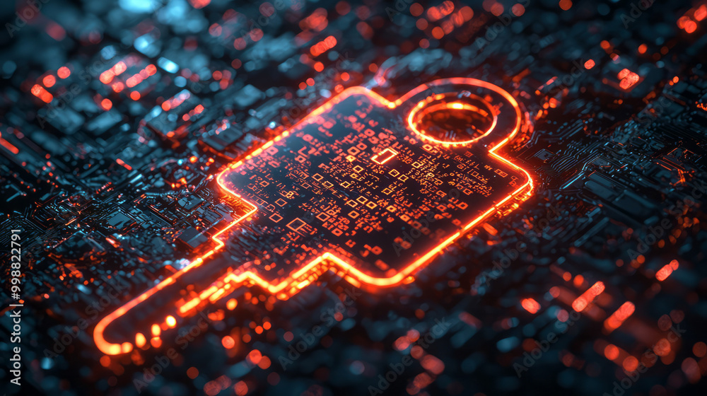 Poster a glowing cyber key surrounded by digital code,