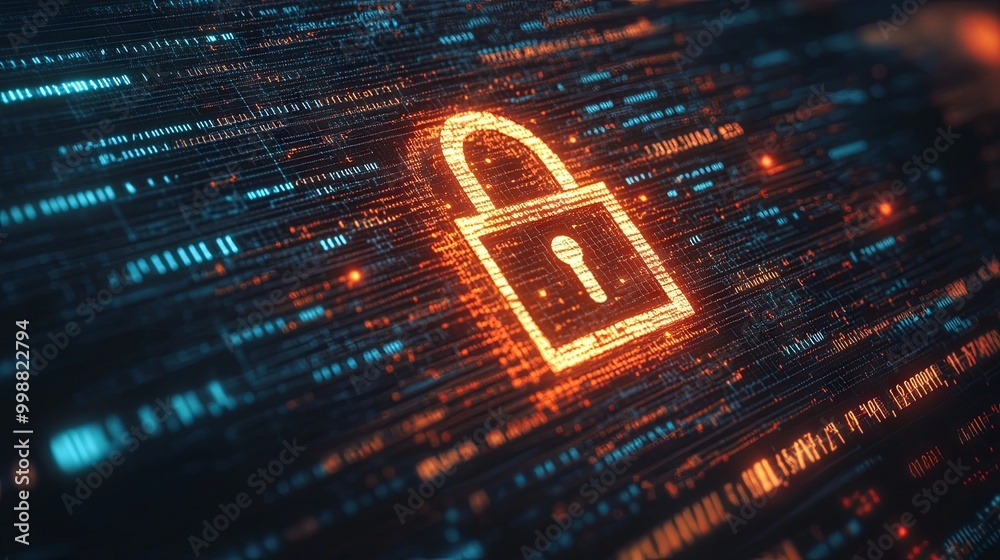 Wall mural digital padlock icon on a computer screen, surrounded by moving binary code, symbolizing cybersecuri