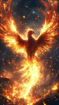 A fiery phoenix rises from the ashes, a symbol of rebirth.