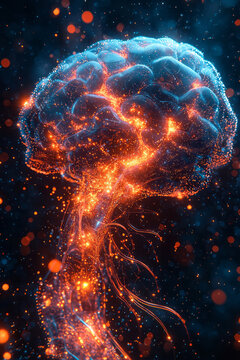A glowing, abstract brain with neural pathways highlighted,