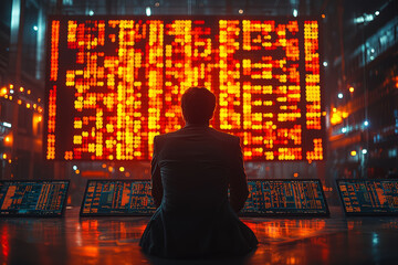 A CEO sitting in front of an absurdly large monitor displaying stock prices, with numbers spinning so fast they create a blur.