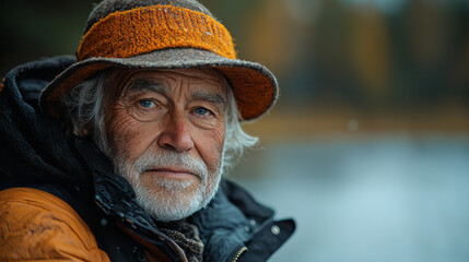 A portrait of an elderly man fishing by a lake, his eyes calm and focused,