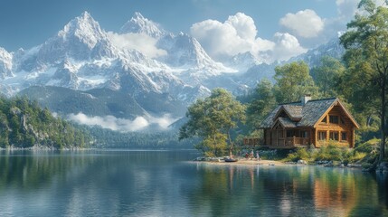 Fototapeta premium Cabin by the Lake with Majestic Mountain View