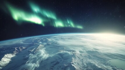 Fototapeta premium A breathtaking view of Earth from space, continents covered in a blanket of white snow, a swirling aurora borealis painting the night sky with celestial light. 