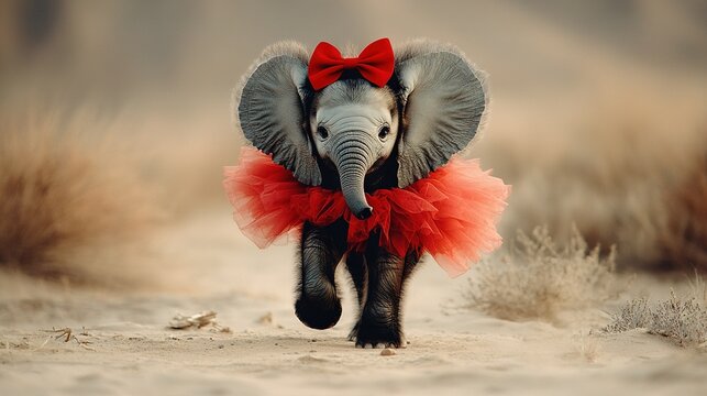   An elephant adorned with a red tutu and bow walks in the heart of the desert