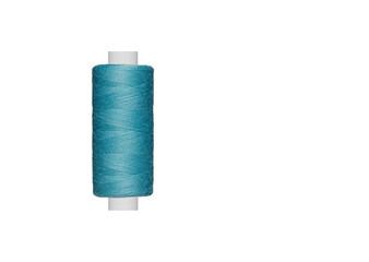 blue spool of sewing thread isolated on white background close up