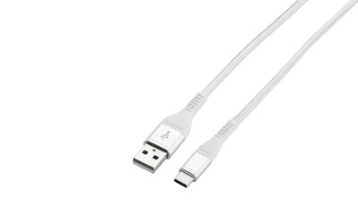 White cable for charging and synchronization with Type - C, USB, Micro USB, Lightning connectors on a white background close-up