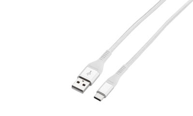 White cable for charging and synchronization with Type - C, USB, Micro USB, Lightning connectors on a white background close-up