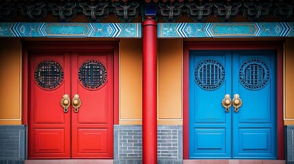 Vibrant blue and red doors adorned with enigmatic numbers stand side by side, embodying the principles of feng shui, an ancient Chinese philosophy of harmony and balance. 